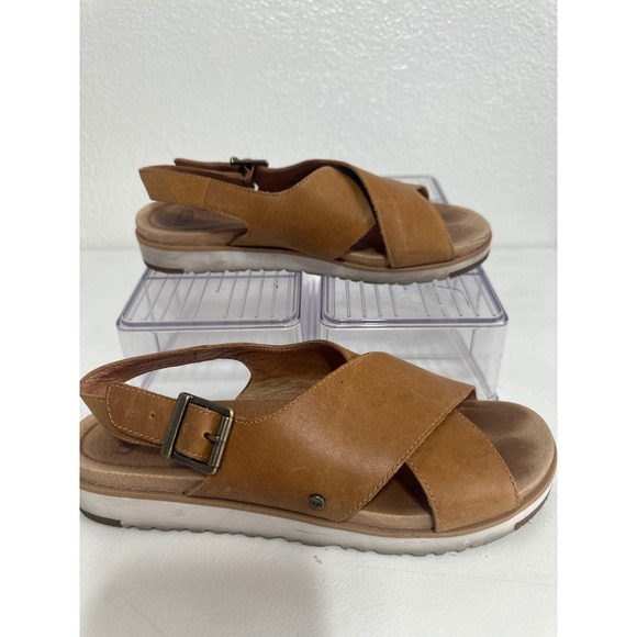 UGG Tan Leather Cross Strap Adjustable Buckle White Sole Sandals - Picture 3 of 10
